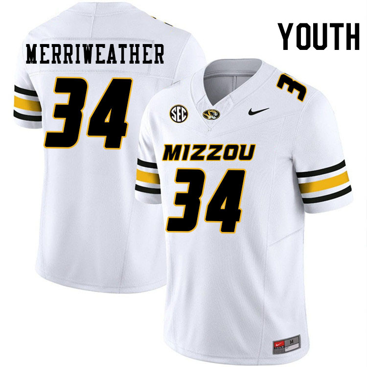 Youth #34 Ricardo Merriweather Missouri Tigers College Football Jerseys Stitched-White